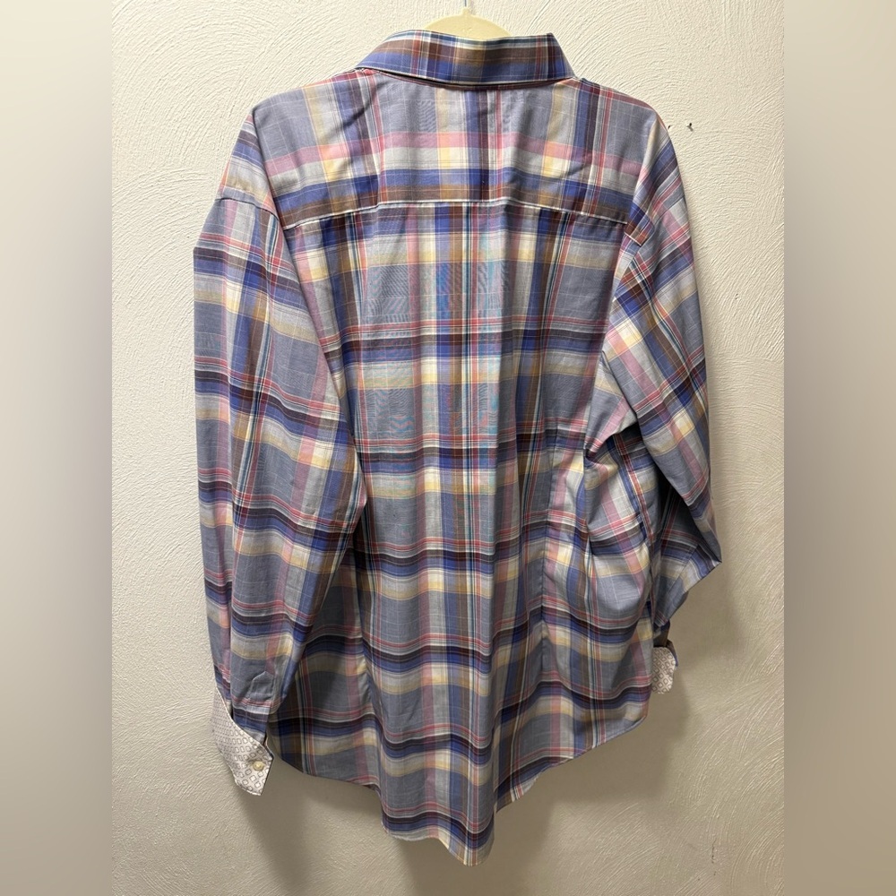 Egara Big & Tall 2XLT Non-Iron Plaid Button-Down Shirt Blue Pink Cotton Stretch - Picture 3 of 6